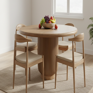 Barrel Base Mango Wood Round Dining Table with Sculpted Pedestal and Rich Mahogany Finish