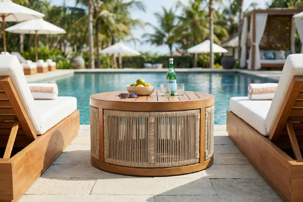 Round teak outdoor coffee table with rope woven base on luxury limestone deck
