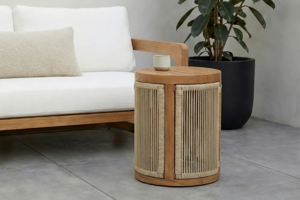 Teak side end table featuring vertical beige rope weaving and slatted top