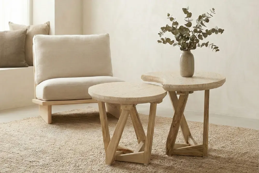 Pair of stone top nested side tables with wooden legs manufactured in Indonesia