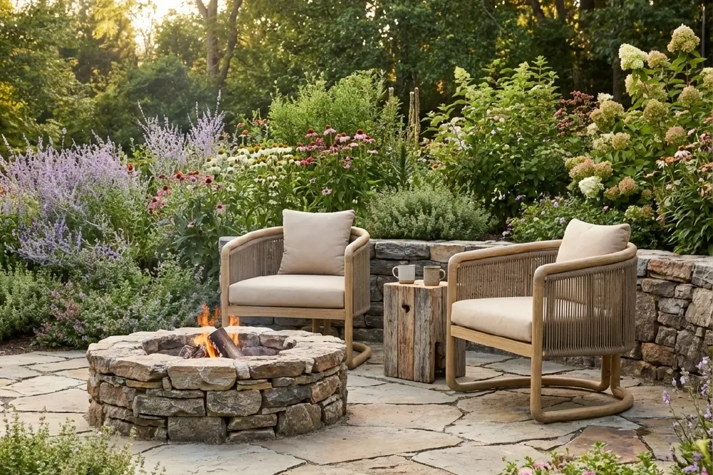 Indonesian teak outdoor lounge chairs with rope weaving detailing and plush cushions
