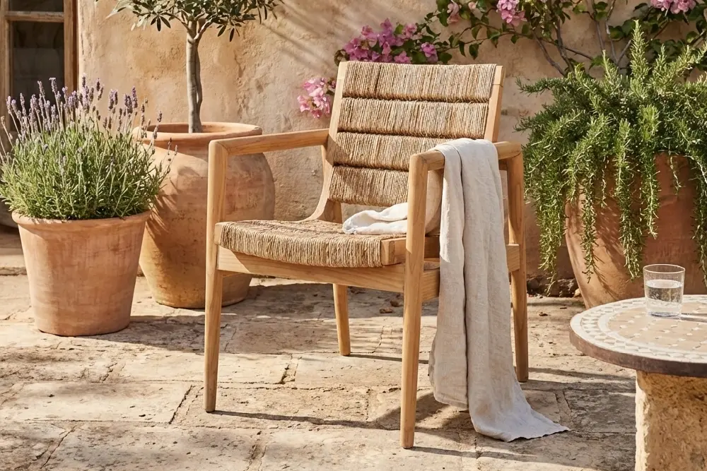 MPP Furniture solid teak outdoor armchair with synthetic woven backrest on a sun-lit stone garden patio