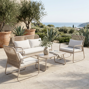 Outdoor Rattan Sofa 4 Piece Set Powder Coated Steel Frame Woven Wicker Patio Furniture
