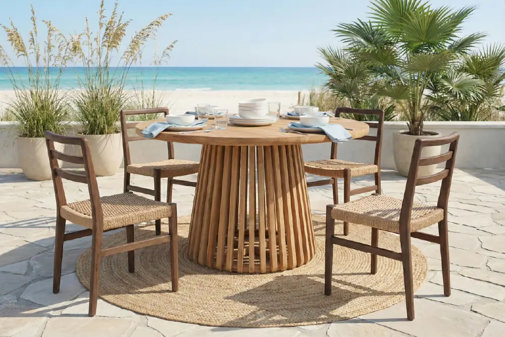 Solid teak outdoor dining table set with woven chairs on terrace