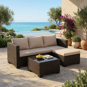 Outdoor L Shaped Rattan Sofa Set 3 Piece Steel Frame PE Wicker Sectional Set