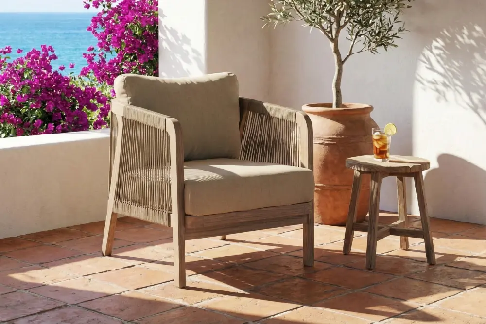 Indonesian mahogany semi-outdoor lounge furniture featuring handwoven accents and deep seating cushions
