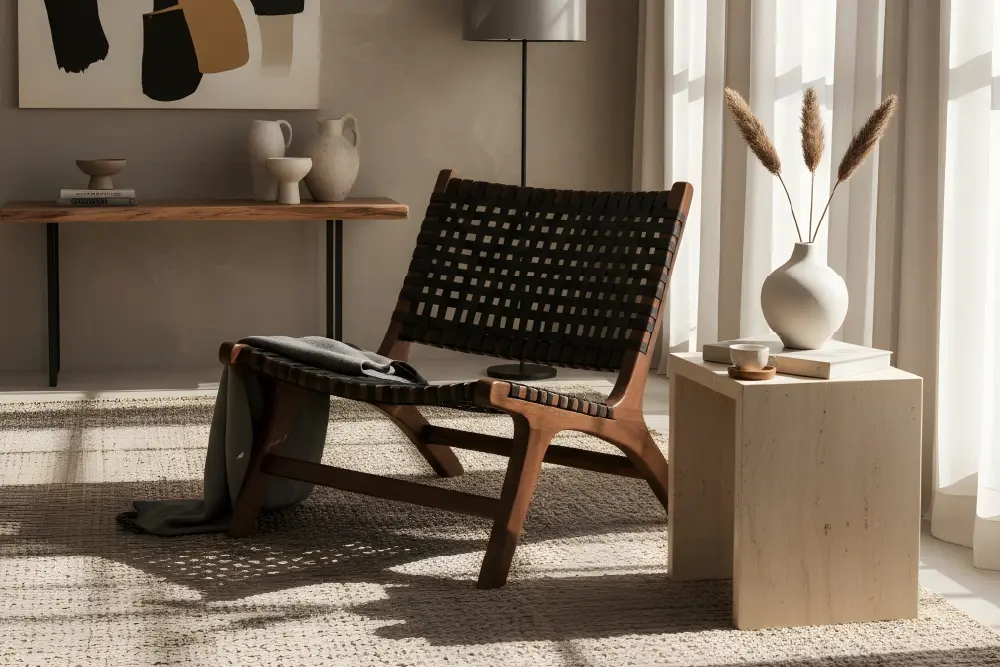 Indonesian modern accent armchair with low wood frame and woven webbing