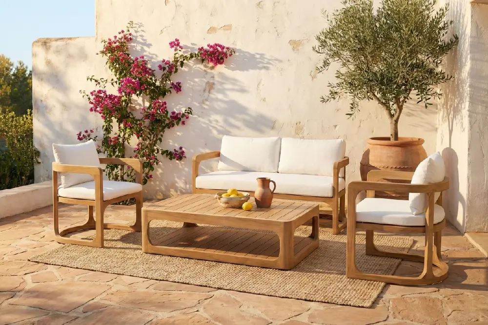 Complete 4-piece teak outdoor patio lounge set with coffee table and armchairs
