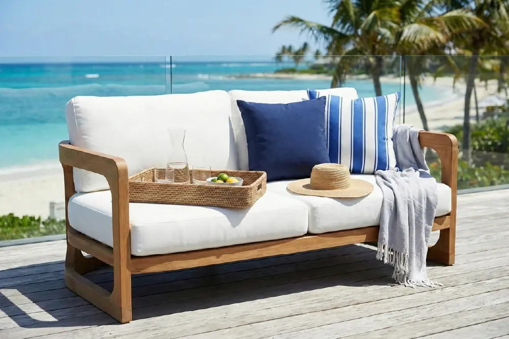 Teak outdoor 2-seater sofa loveseat with weather resistant cushions by MPP Furniture
