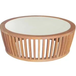 Sinoshi round teak wood coffee table with slatted base