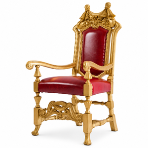 Hand Carved Crown Crest Throne Armchair with Red Cowhide Leather Seat Mahogany Wood Frame Gold Leaf Finish Royal King Chair