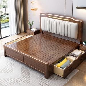 Luxurious Solid Wood White Large Bed Frame with Mattress, Hot-selling Double Bed with Storage, Bedroom Furniture