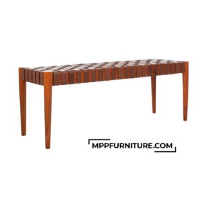 Fole Cognac Woven Leather Bedroom Bench with Solid Hardwood Frame
