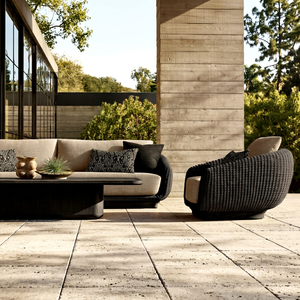 Custom Modern Rope Weave Outdoor Sofa Set Dark Rattan Frame Solid Wood Table